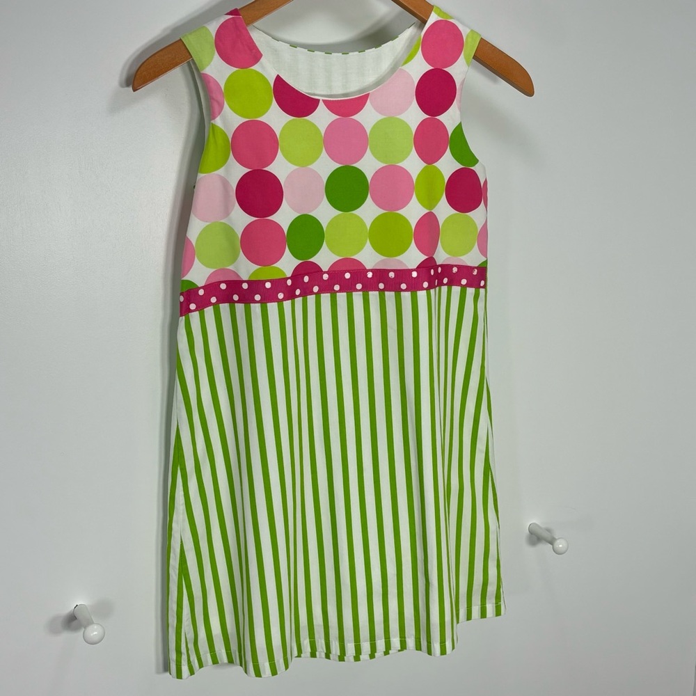 Sixth Alice Girls Green Pink Striped Polka Dot Lined Shift Cotton Dress Size M